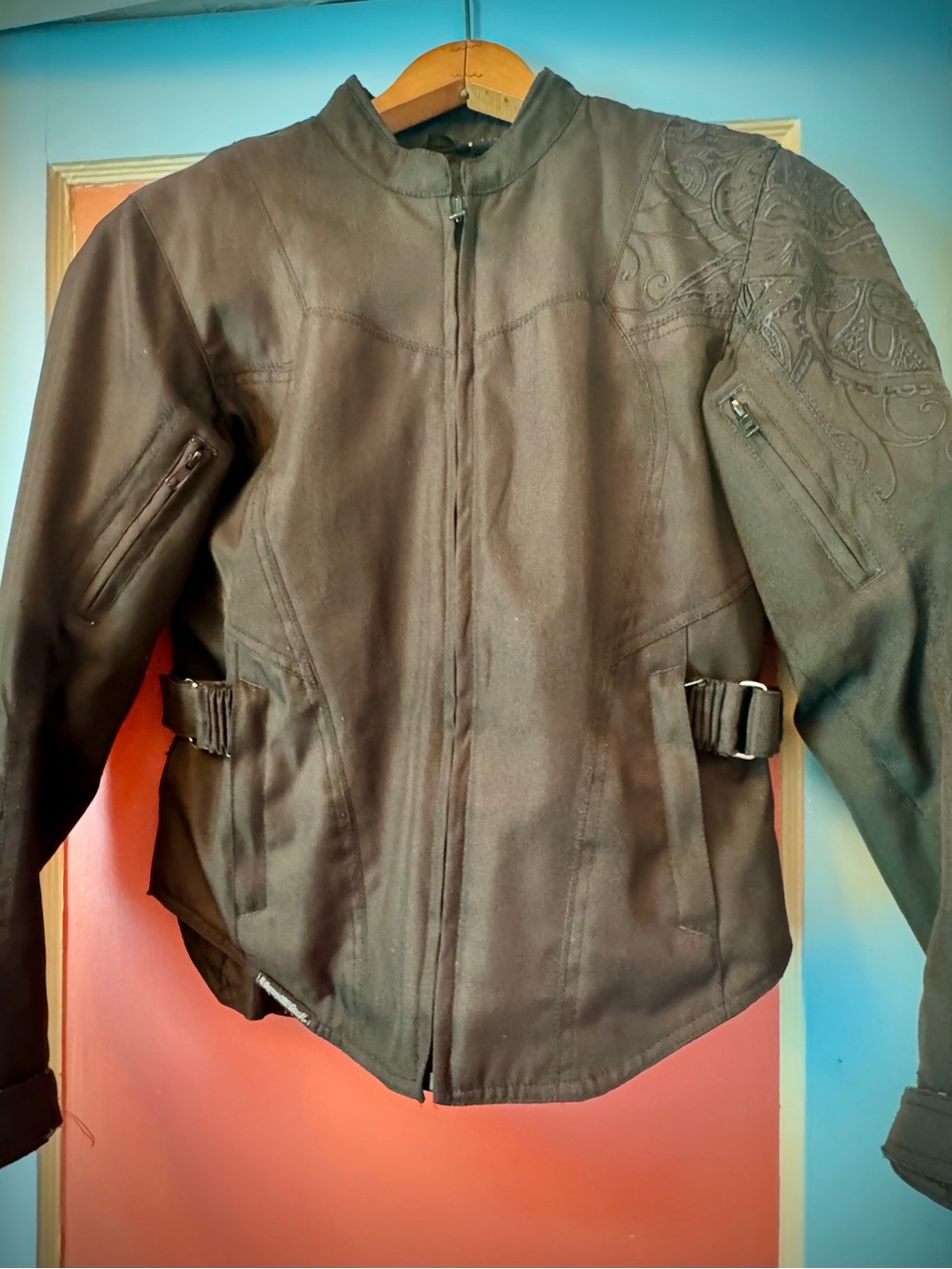 Women's Black Embossed Shoulder and Sleeve Motorcycle Jacket